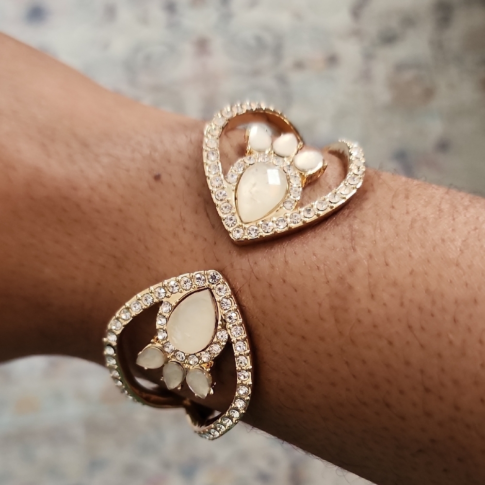 Gold Tone Heart Cuff Bracelet White Stone Open Cuff Adjustable